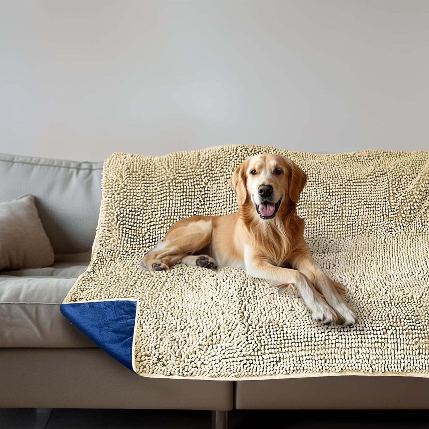 OCPAGA Golden Amber Chenille dog blanket on a grey couch, Blue anti-slip backing on OCPAGA furniture protector
