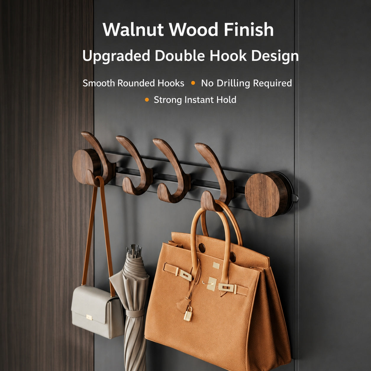 No Drill Wall Hook Rack | Sliding Walnut Hooks, Vacuum Suction Mount