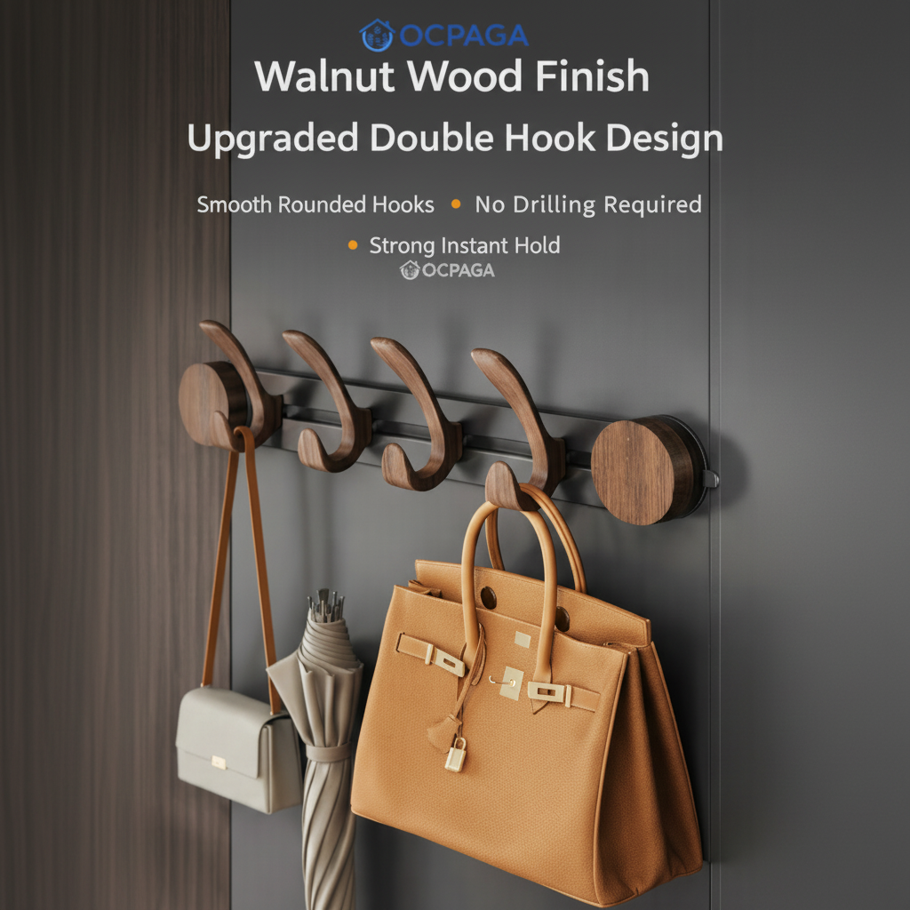 Walnut Suction Door Rear Sliding Coat Hook Hanger | No Drilling Wall Mounted Wooden Organisation Slidable Clothes Hooks Rack