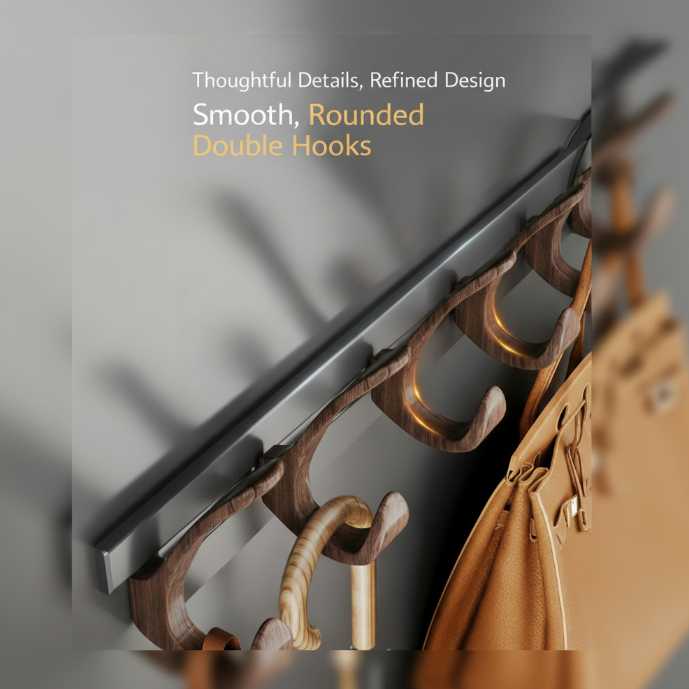 Walnut Suction Door Rear Sliding Coat Hook Hanger | No Drilling Wall Mounted Wooden Organisation Slidable Clothes Hooks Rack