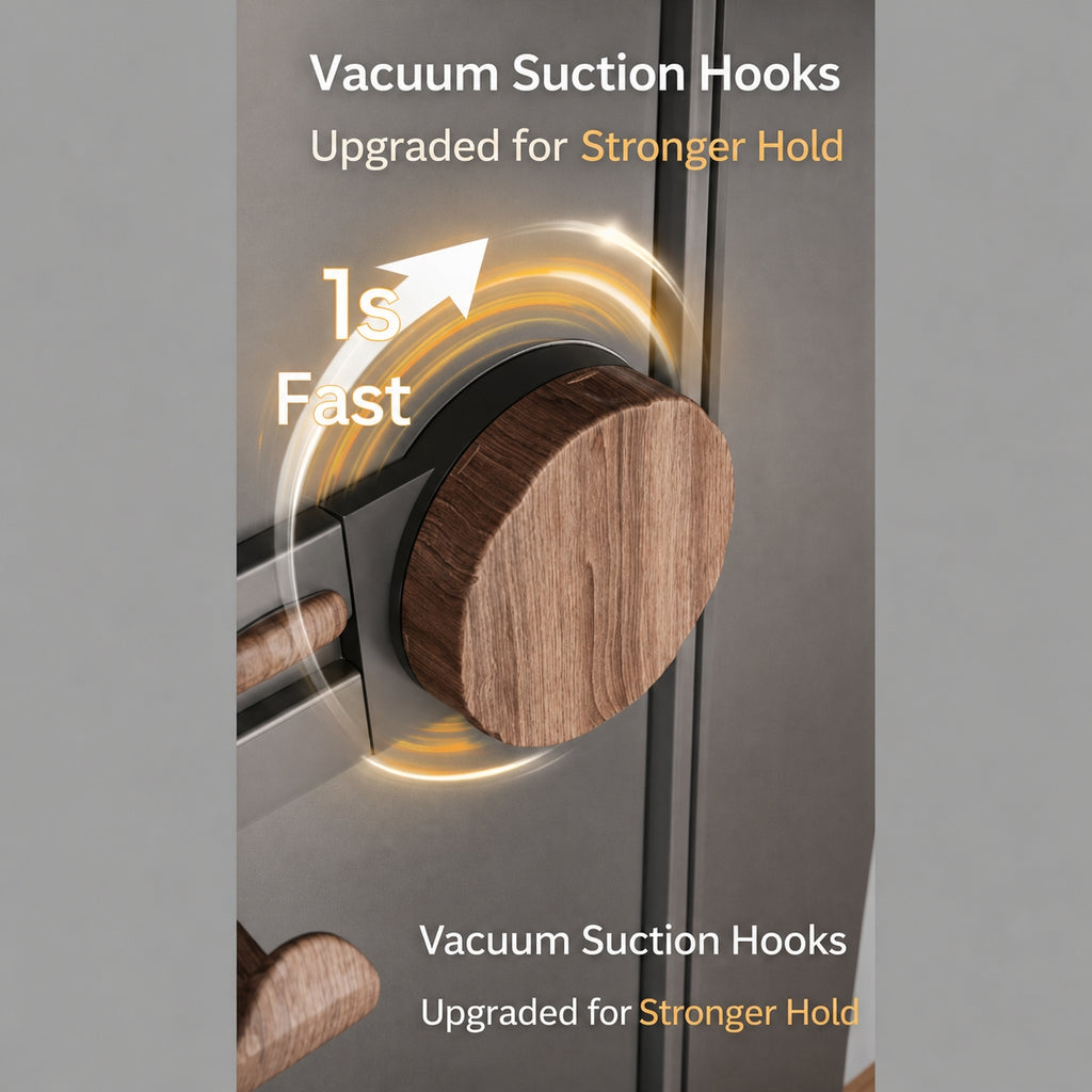 No Drill Wall Hook Rack | Sliding Walnut Hooks, Vacuum Suction Mount