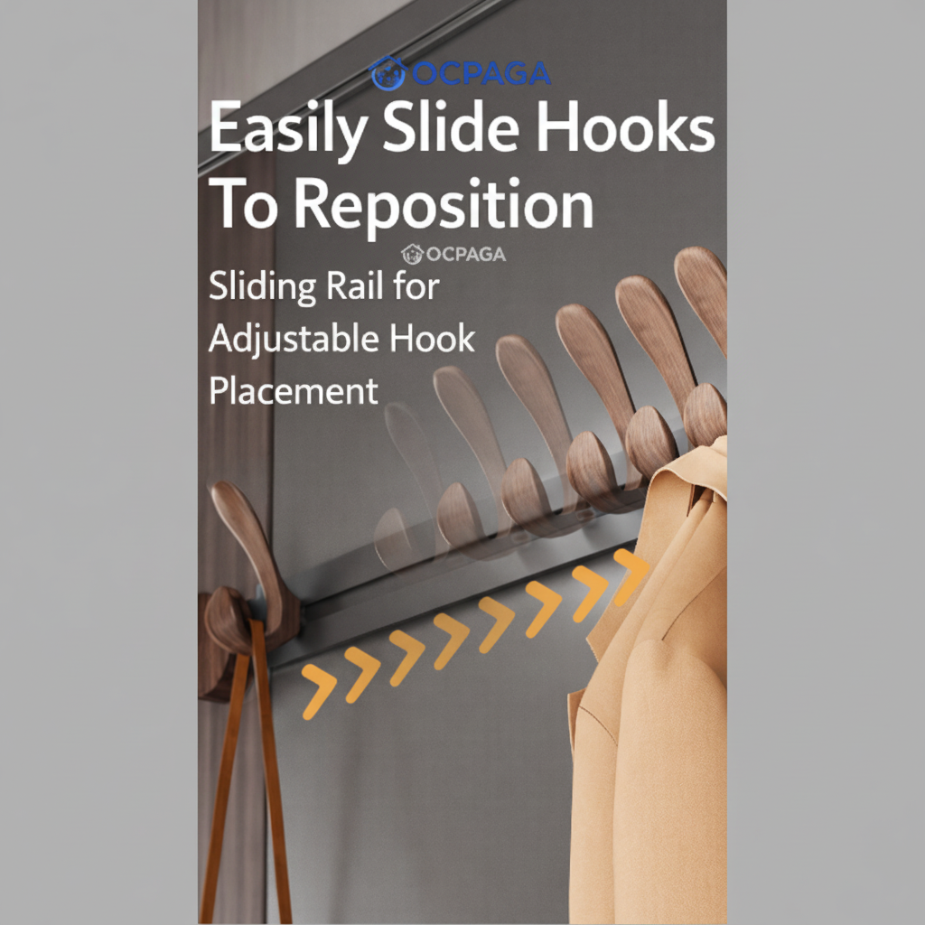 Walnut Suction Door Rear Sliding Coat Hook Hanger | No Drilling Wall Mounted Wooden Organisation Slidable Clothes Hooks Rack