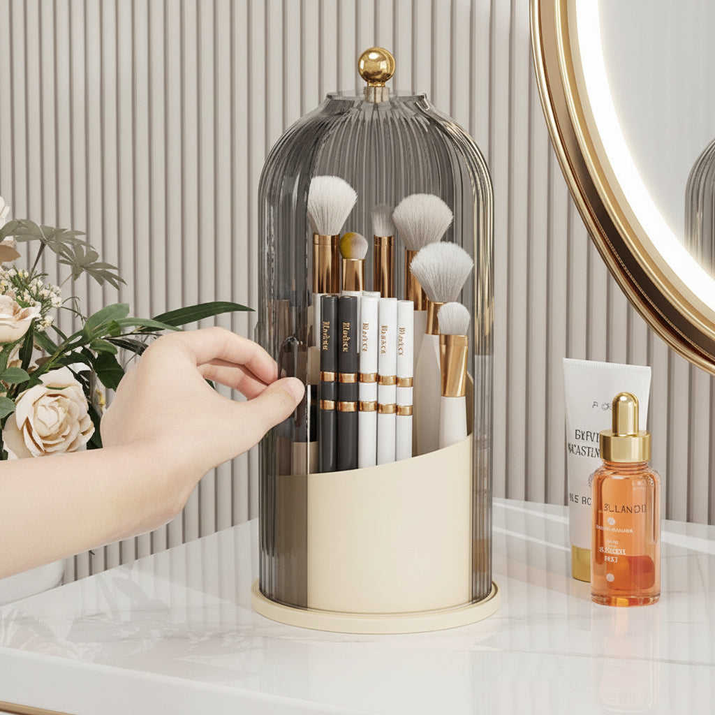 360° Rotating Makeup Brush Organizer with Dustproof Cover