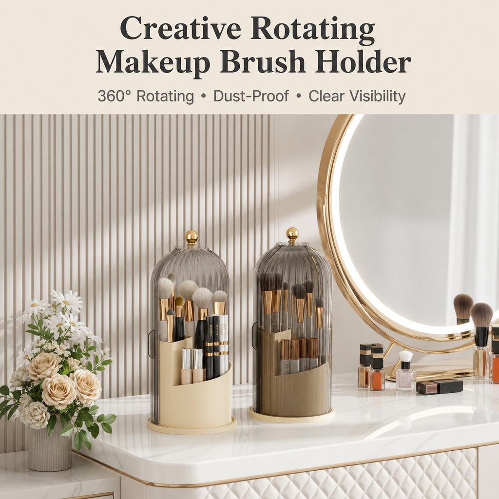 360° Rotating Makeup Brush Organizer | Dustproof & Waterproof Cosmetic Shield