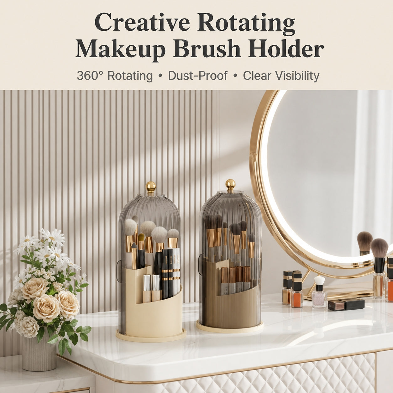 360° Rotating Makeup Brush Organizer | Dustproof & Waterproof Cosmetic Shield