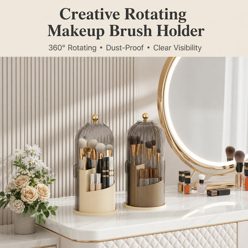 360° Rotating Makeup Brush Organizer | Dustproof & Waterproof Cosmetic Shield