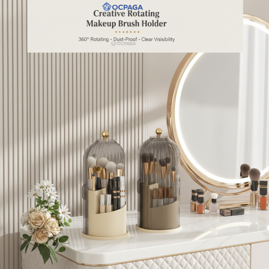 360° Rotating Makeup Brush Organizer with Dustproof Cover