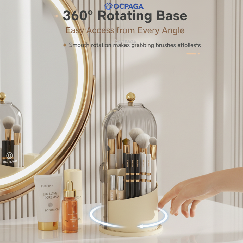 360° Rotating Makeup Brush Organizer with Dustproof Cover