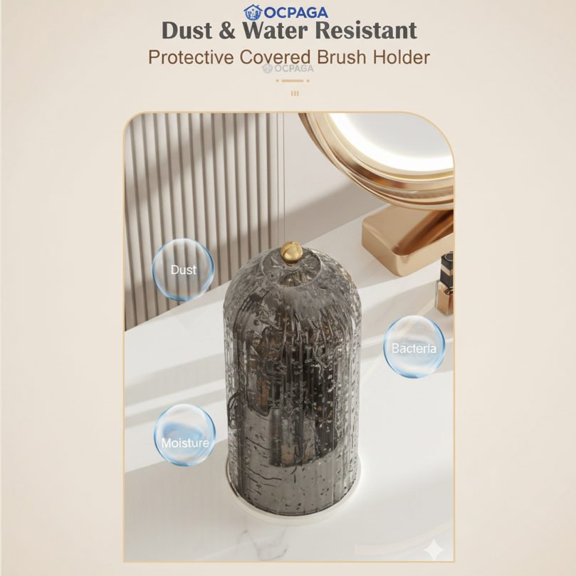 360° Rotating Makeup Brush Organizer with Dustproof Cover