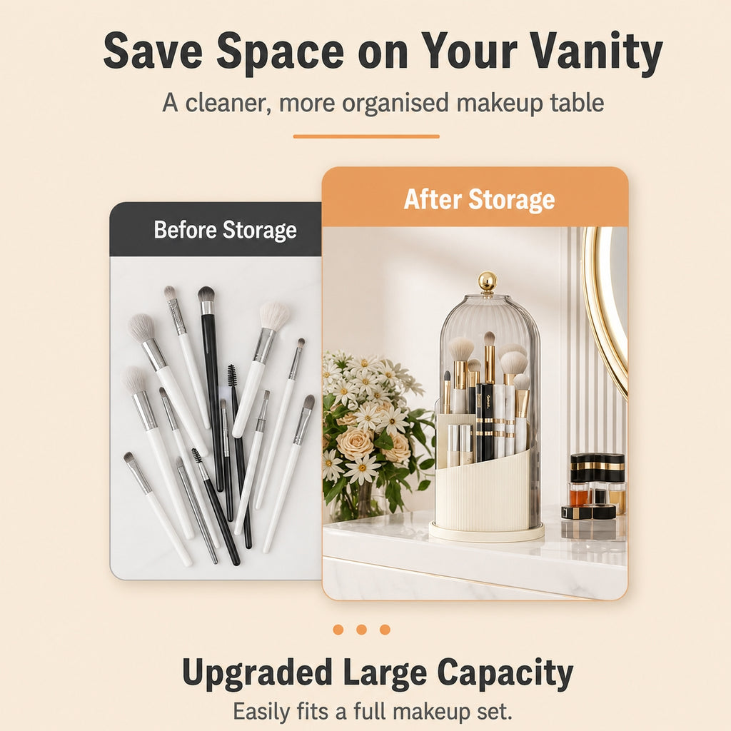 360° Rotating Makeup Brush Organizer | Dustproof & Waterproof Cosmetic Shield
