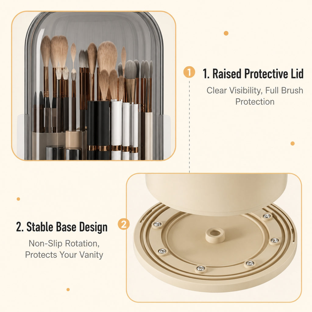 360° Rotating Makeup Brush Organizer | Dustproof & Waterproof Cosmetic Shield