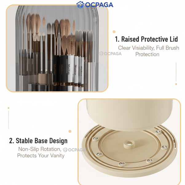 360° Rotating Makeup Brush Organizer with Dustproof Cover