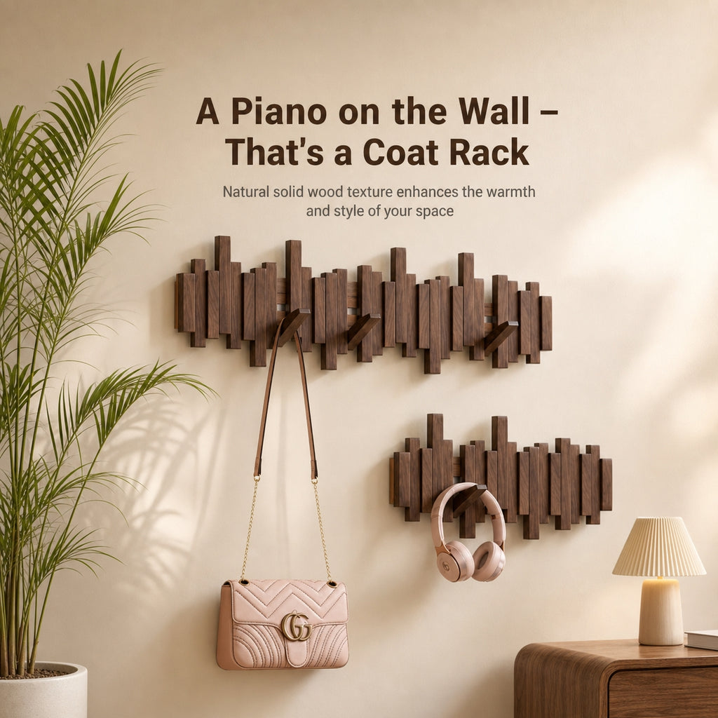 Solid Wood Piano Key Wall Hook Rack | Folding Hooks, No-Drill & Screw Mount