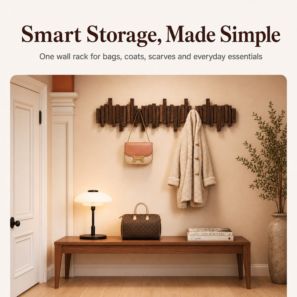 Solid Wood Piano Key Wall Hook Rack | Folding Hooks, No-Drill & Screw Mount