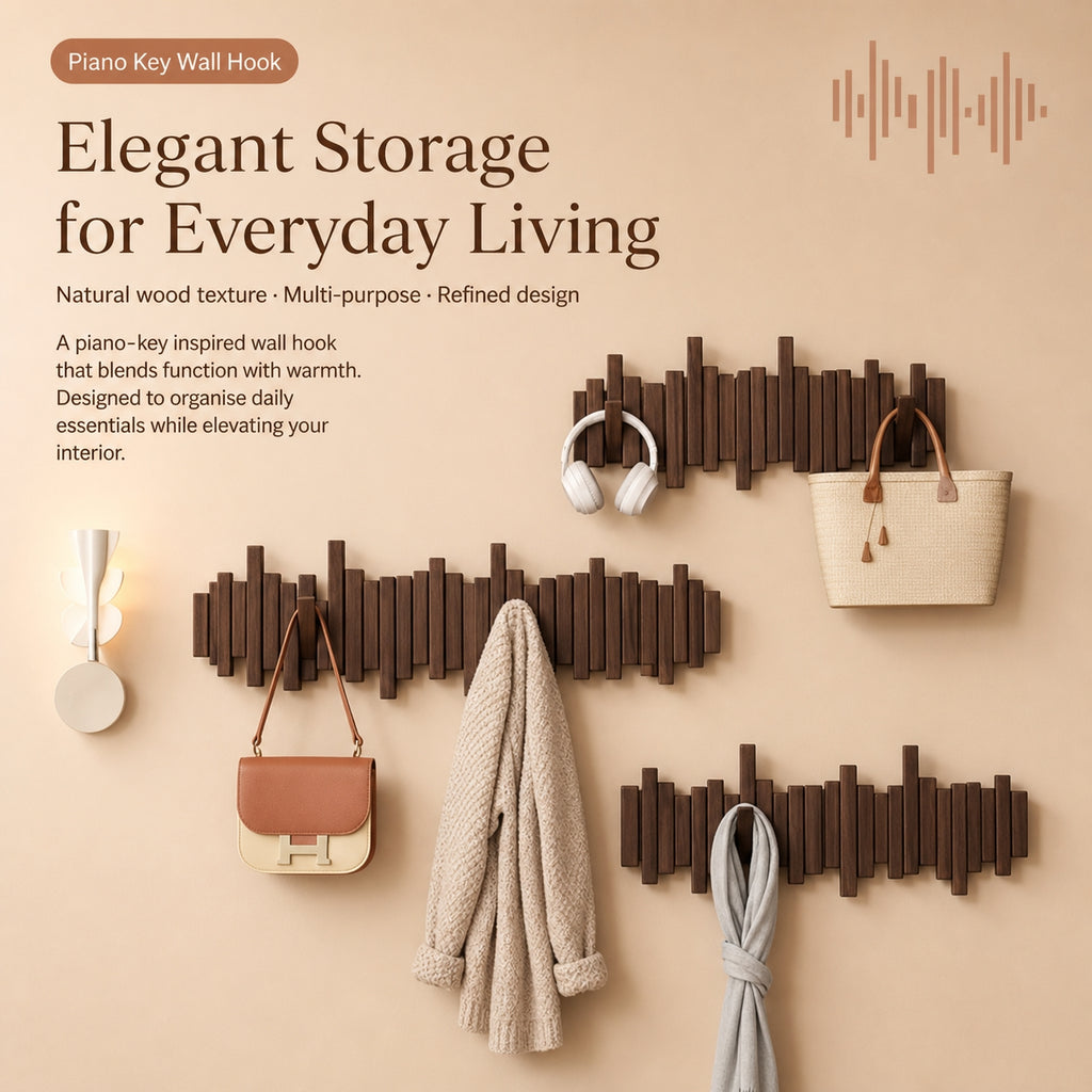 Solid Wood Piano Key Wall Hook Rack | Folding Hooks, No-Drill & Screw Mount