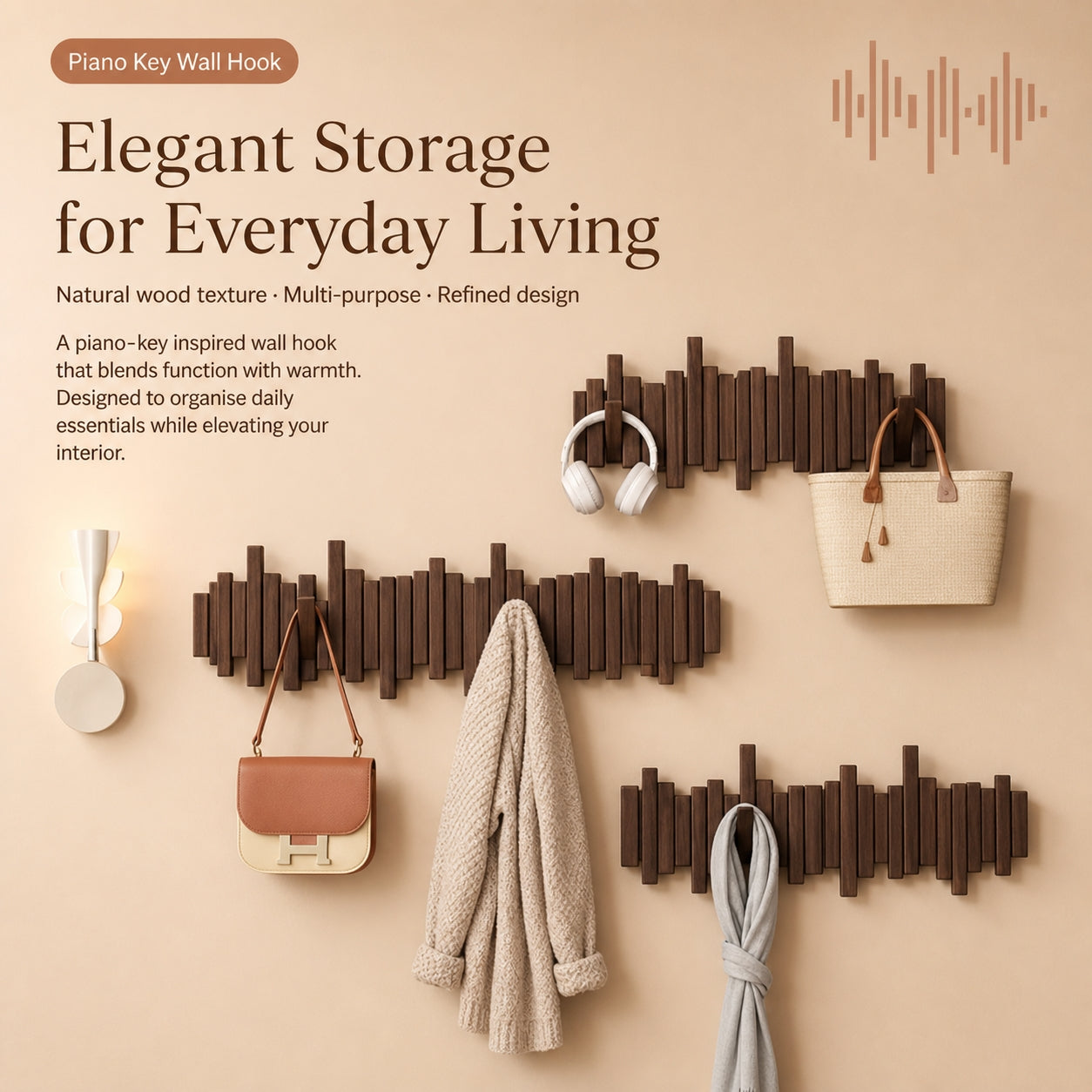 Solid Wood Piano Key Wall Hook Rack | Folding Hooks, No-Drill & Screw Mount