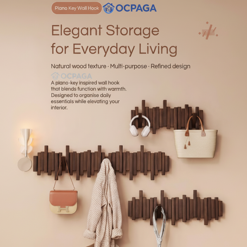Solid Wood Piano Key Wall Hook Rack・Drill Holes / Non-drill Hole Clothes Hanger