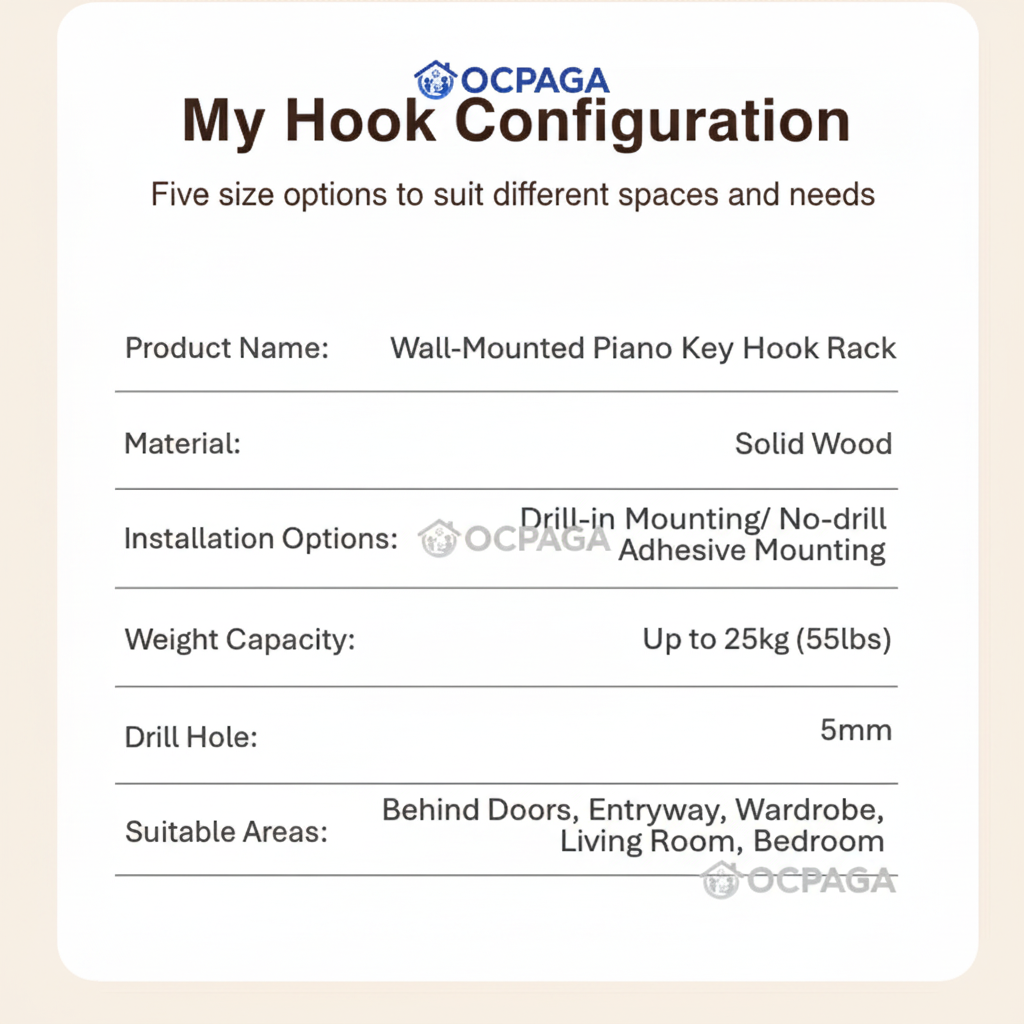 Solid Wood Piano Key Wall Hook Rack・Drill Holes / Non-drill Hole Clothes Hanger