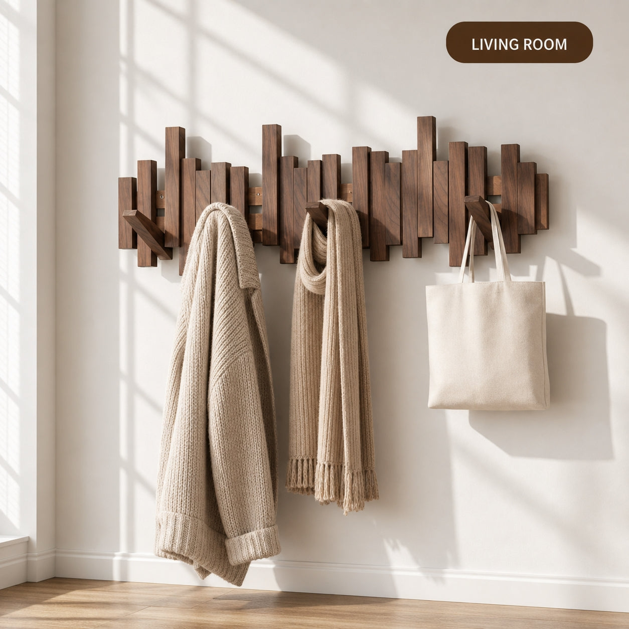 Solid Wood Piano Key Wall Hook Rack | Folding Hooks, No-Drill & Screw Mount