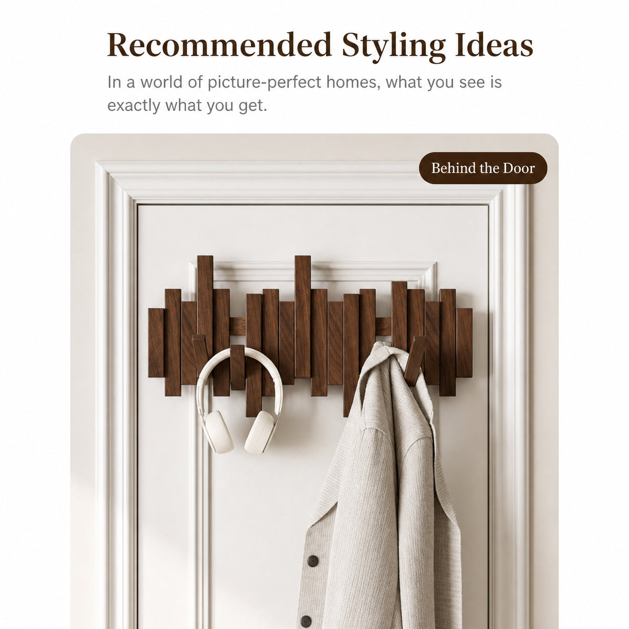 Solid Wood Piano Key Wall Hook Rack | Folding Hooks, No-Drill & Screw Mount