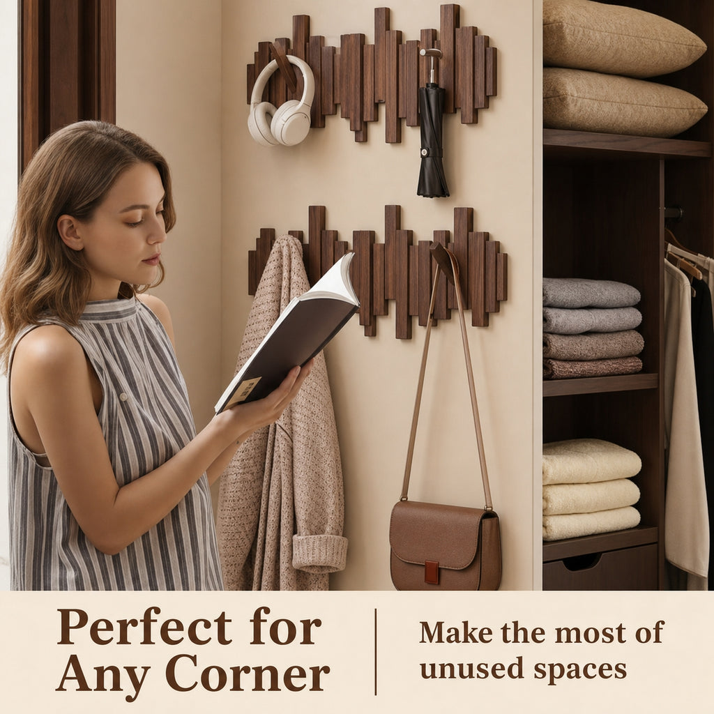 Solid Wood Piano Key Wall Hook Rack | Folding Hooks, No-Drill & Screw Mount