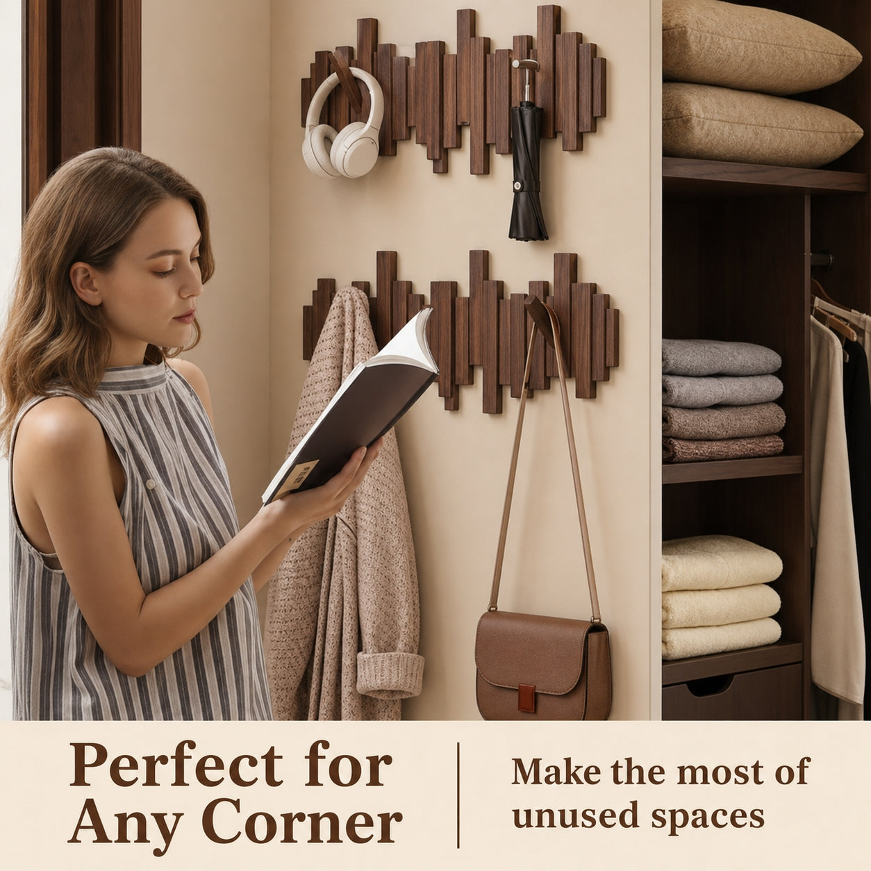 Solid Wood Piano Key Wall Hook Rack | Folding Hooks, No-Drill & Screw Mount