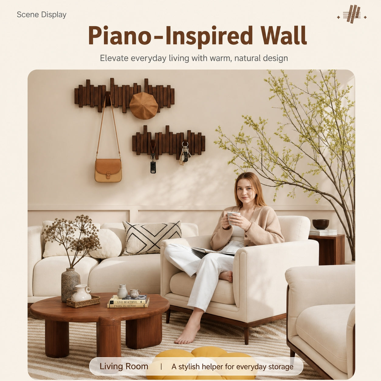 Solid Wood Piano Key Wall Hook Rack | Folding Hooks, No-Drill & Screw Mount