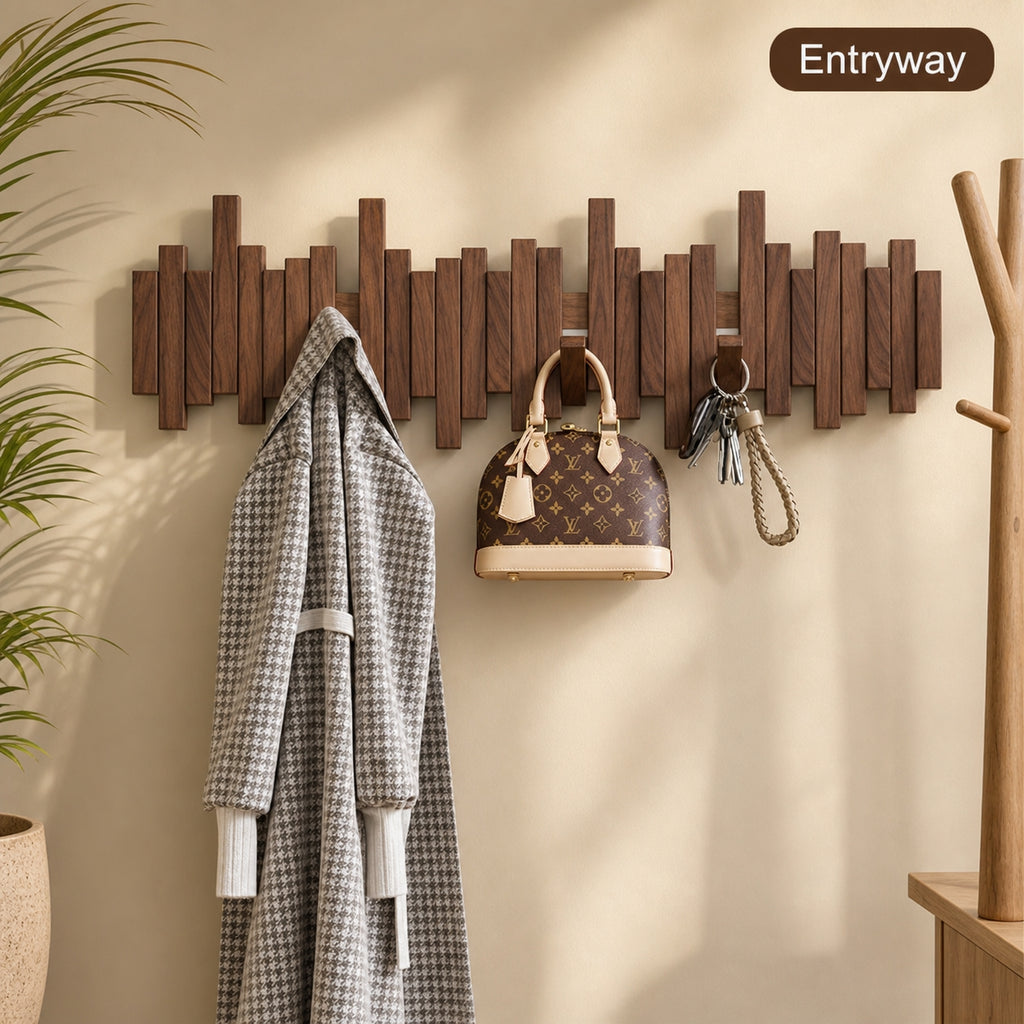 Solid Wood Piano Key Wall Hook Rack | Folding Hooks, No-Drill & Screw Mount