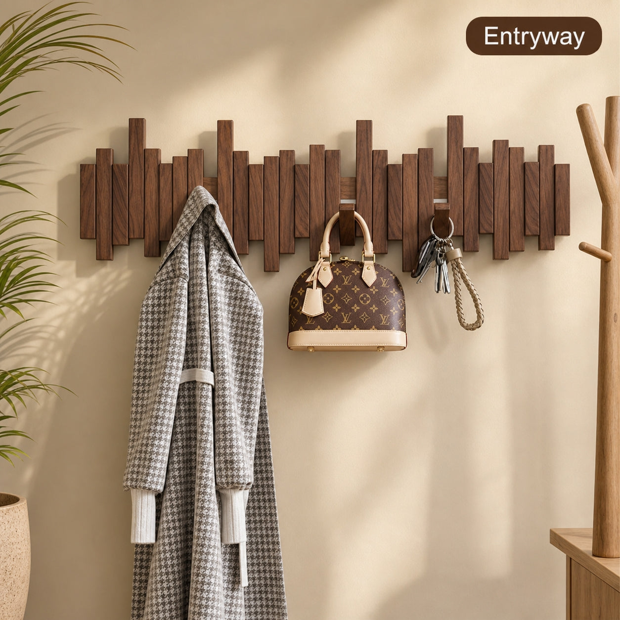 Solid Wood Piano Key Wall Hook Rack | Folding Hooks, No-Drill & Screw Mount