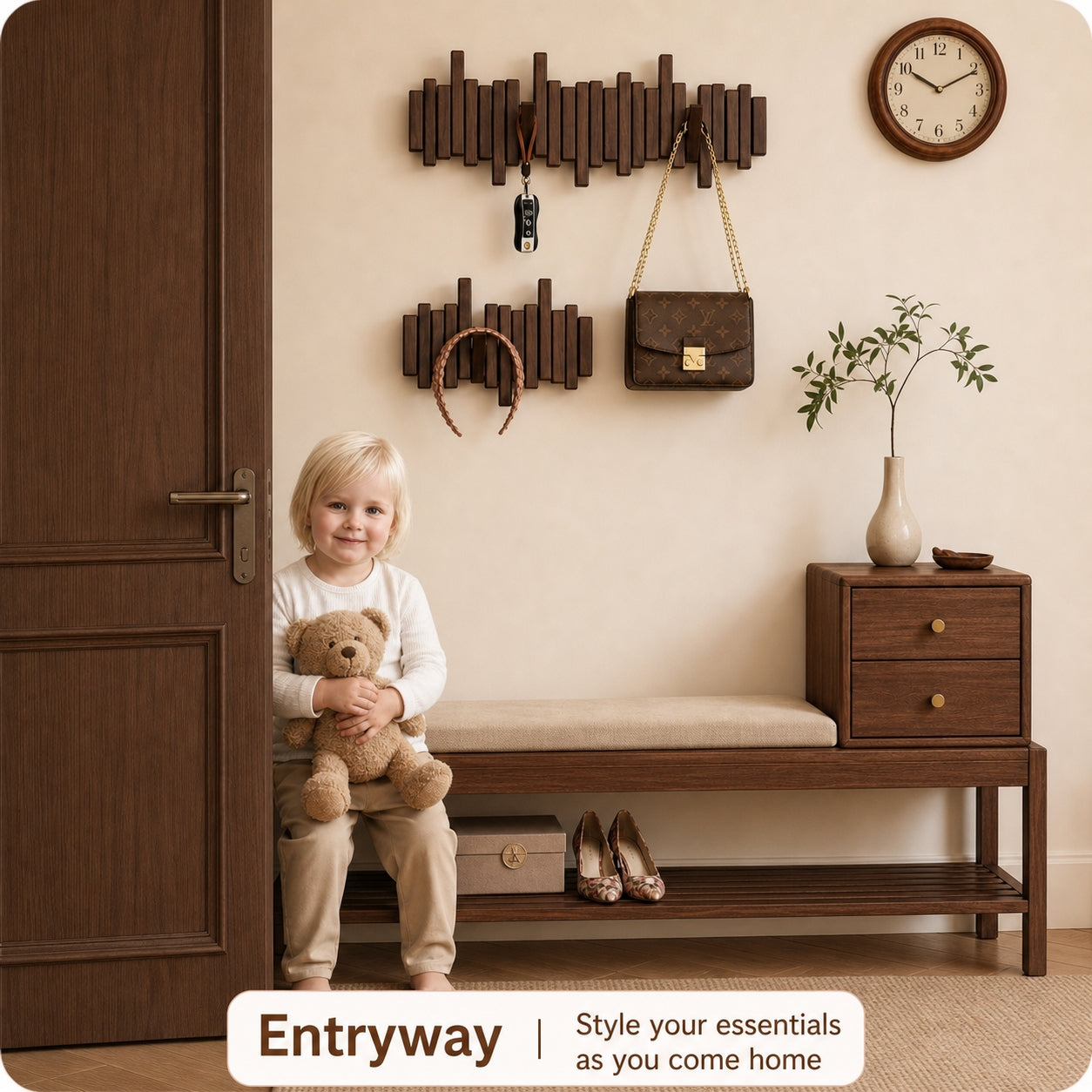 Solid Wood Piano Key Wall Hook Rack | Folding Hooks, No-Drill & Screw Mount