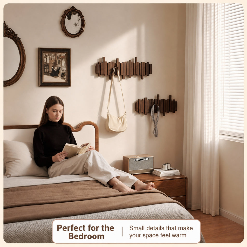 Solid Wood Piano Key Wall Hook Rack | Folding Hooks, No-Drill & Screw Mount