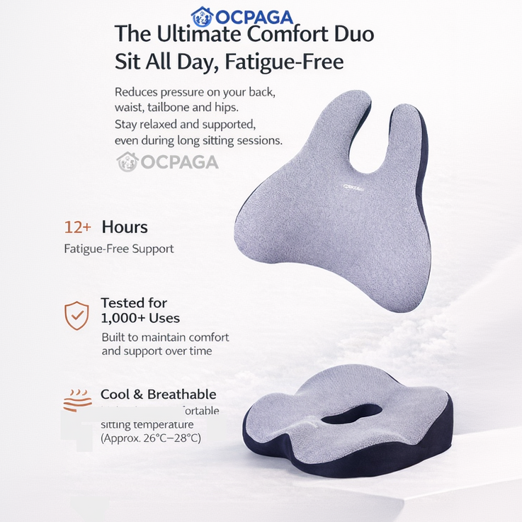 OCPAGA Orthopedic Ergonomic Seat & Back Support Set | Bamboo Charcoal Memory Foam Lumbar & Tailbone Relief