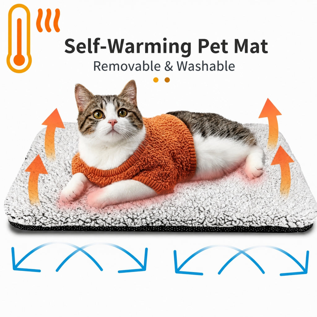 Self-Heating Detachable Pet Mat | Indoor Outdoor Noiseless Warming Bed Pad with Non-Slip Bottom Removable Washable Cover
