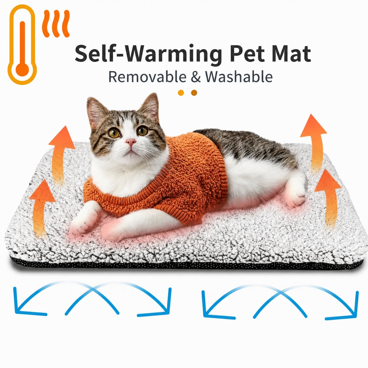 Self-Heating Detachable Pet Mat | Indoor Outdoor Noiseless Warming Bed Pad with Non-Slip Bottom Removable Washable Cover