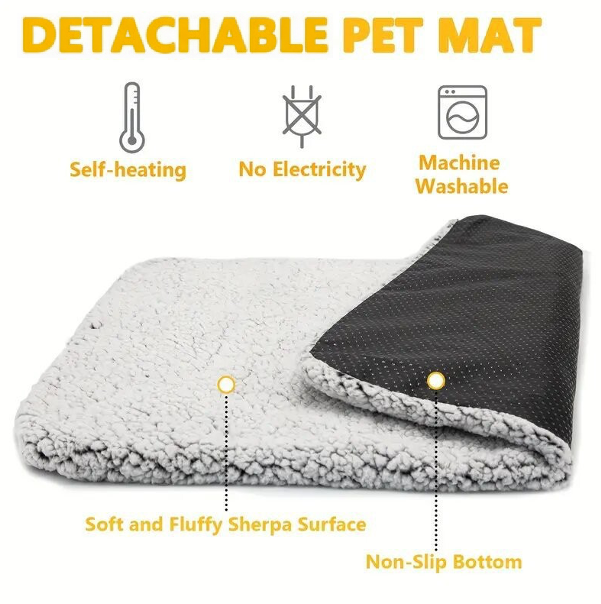 Self-Heating Detachable Pet Mat | Indoor Outdoor Noiseless Warming Bed Pad with Non-Slip Bottom Removable Washable Cover