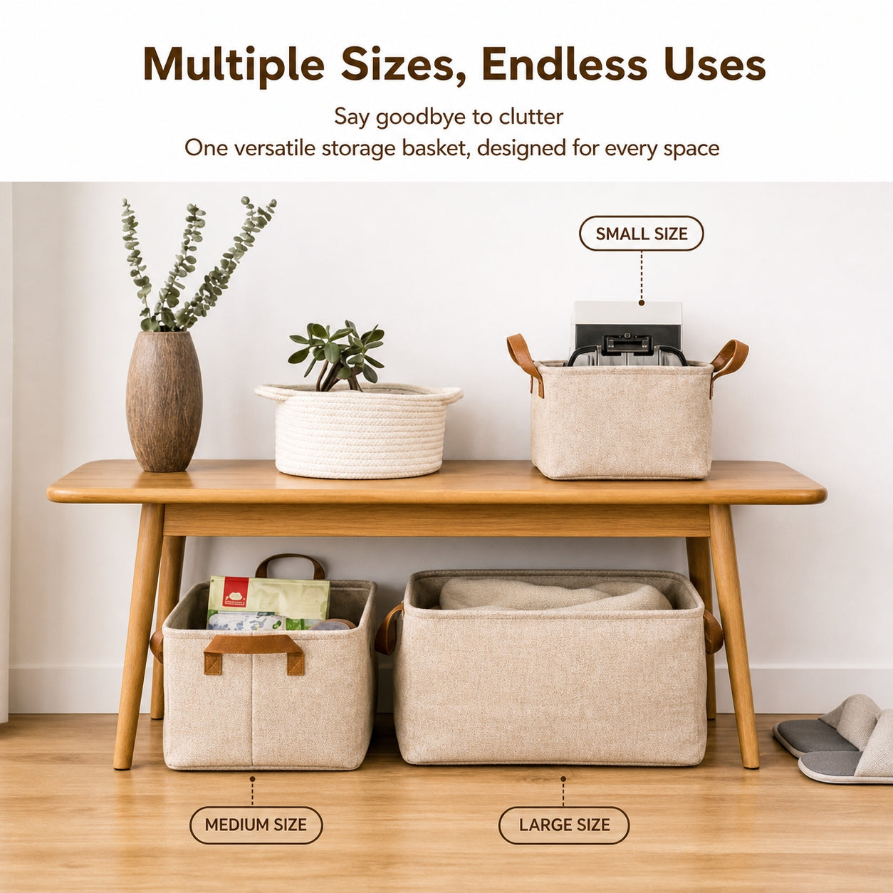 Linen Storage Basket with Leather Handles | Waterproof Lined, Foldable