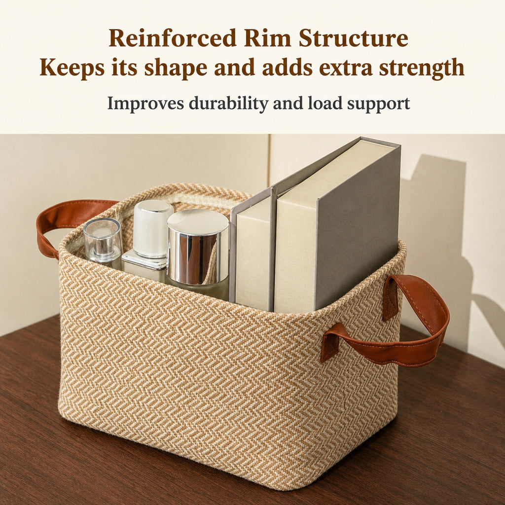 Linen Storage Basket with Leather Handles | Waterproof Lined, Foldable
