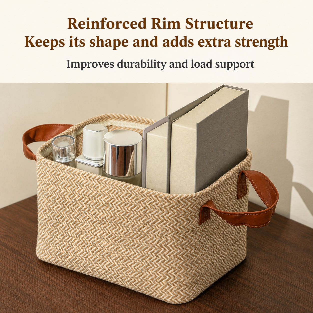 Linen Storage Basket with Leather Handles | Waterproof Lined, Foldable