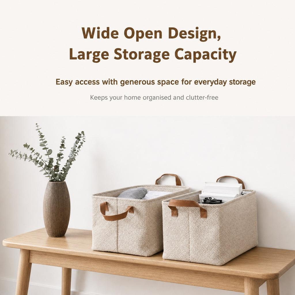 Linen Storage Basket with Leather Handles | Waterproof Lined, Foldable