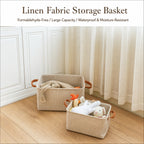 Linen Storage Basket with Leather Handles | Waterproof Lined, Foldable