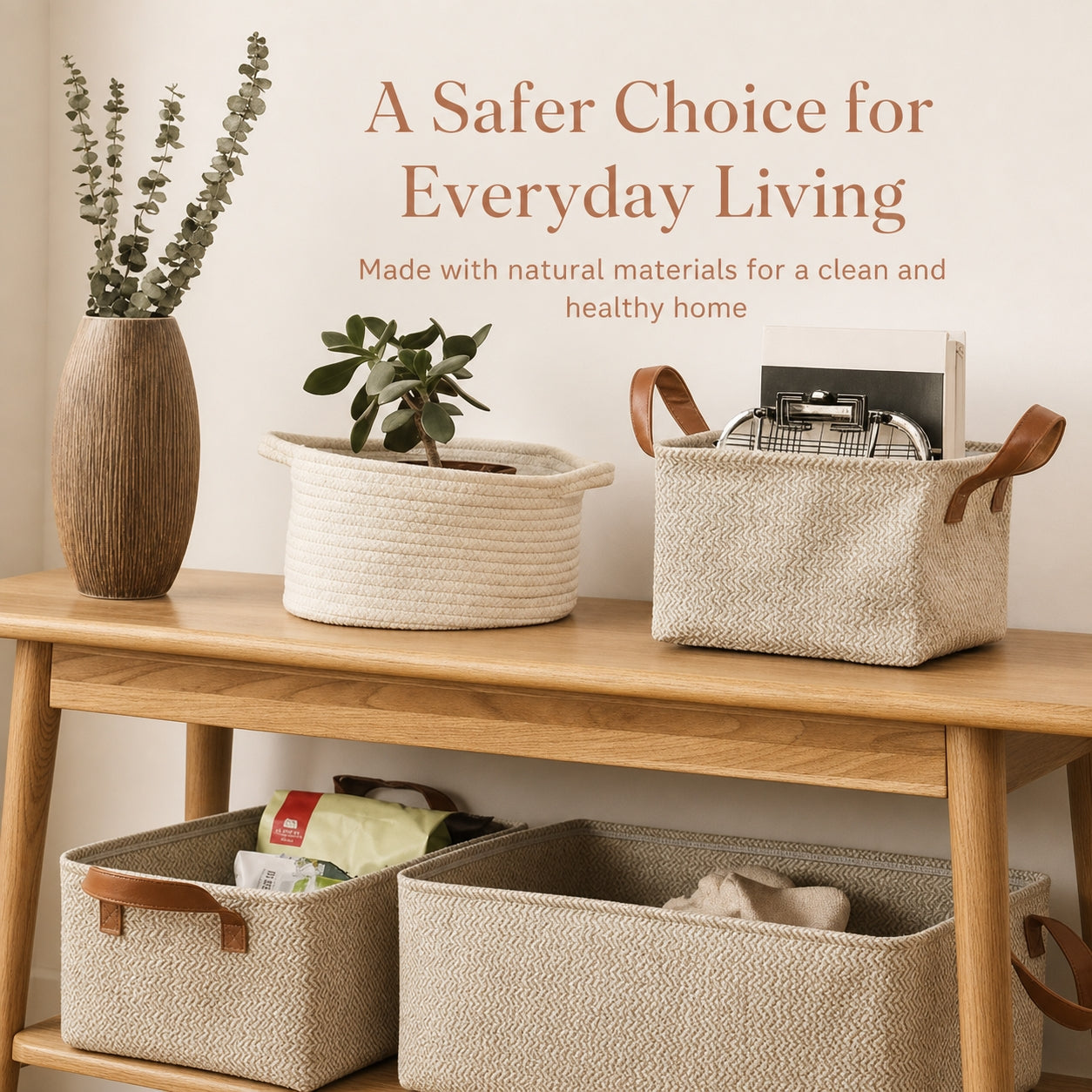 Linen Storage Basket with Leather Handles | Waterproof Lined, Foldable