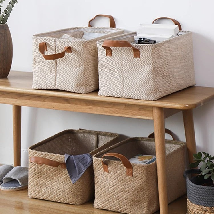 Linen Storage Basket with Leather Handles | Waterproof Lined, Foldable