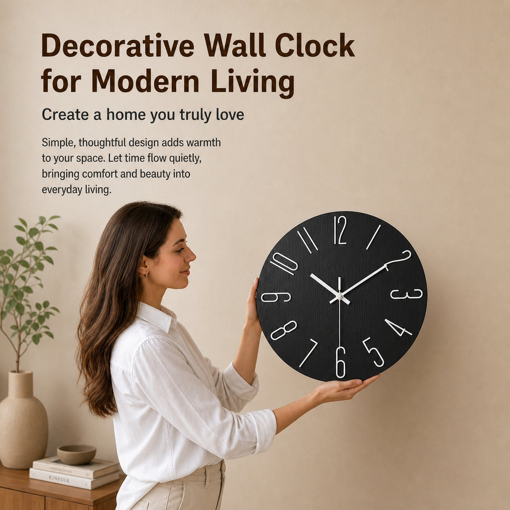 Minimalist Silent Wall Clock | 3D Raised Numerals, Textured Resin, 30 cm