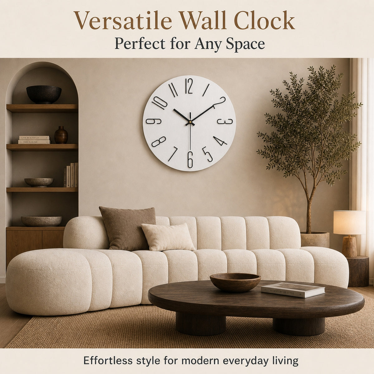 Minimalist Silent Wall Clock | 3D Raised Numerals, Textured Resin, 30 cm