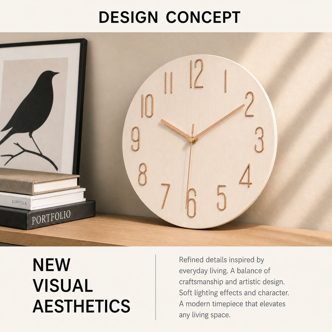 Minimalist Silent Wall Clock | 3D Raised Numerals, Textured Resin, 30 cm