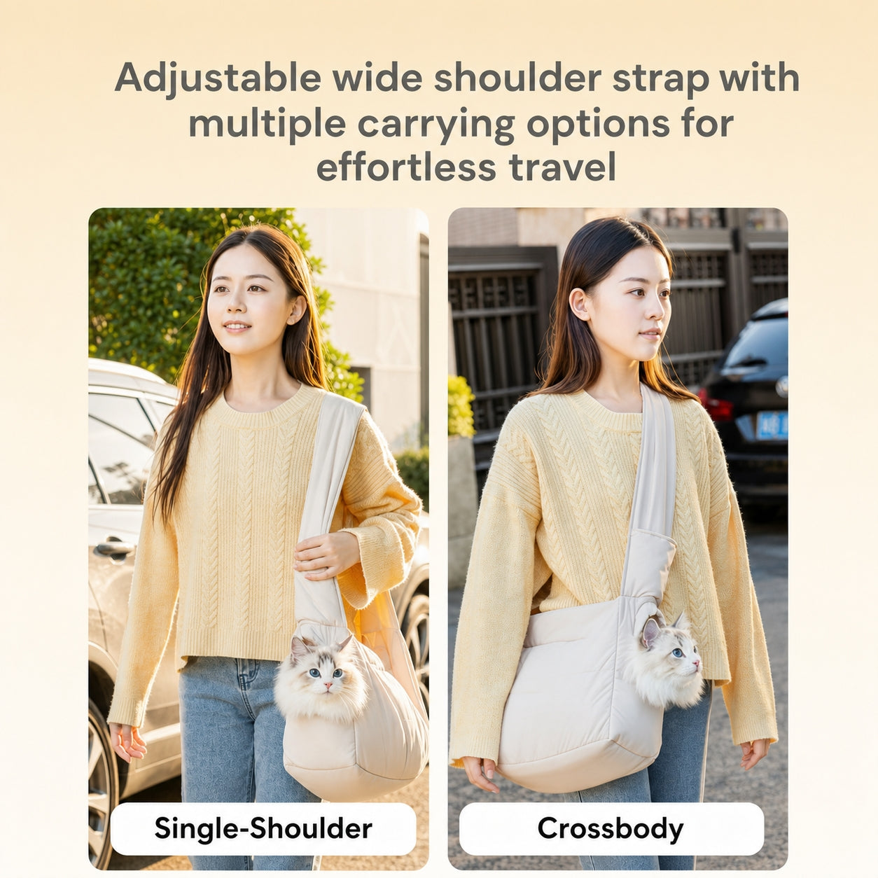 Cat Sling Carrier | Quilted Crossbody Pet Bag with Safety Buckle & Hard Base