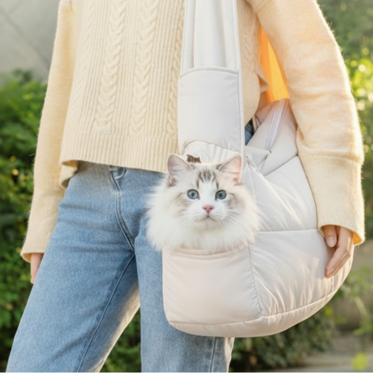 Cat Sling Carrier | Quilted Crossbody Pet Bag with Safety Buckle & Hard Base